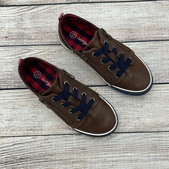 Cat & Jack Brown and Navy Blue Zipper Sneakers Size 12 - Picture 2 of 5